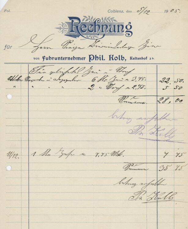 Herr Preise?an Philipp Kolb- Rechnung - 05.12.1905