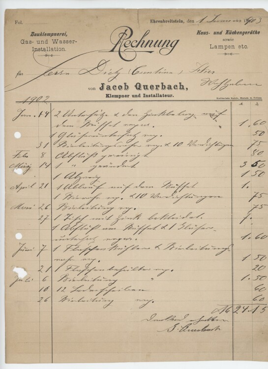 Herr Dietzan Jacob Querbach- Rechnung - 01.01.1903