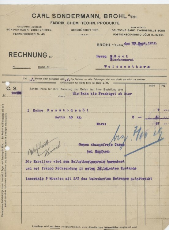 Brauerei Bockan Carl Sondermann- Rechnung - 29.09.1919