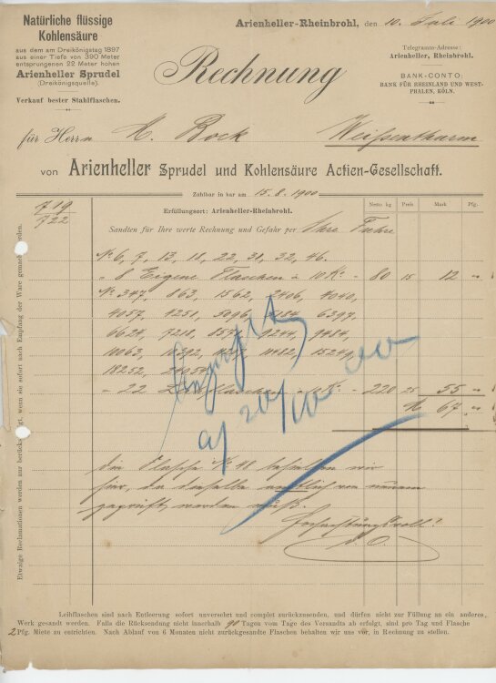 Brauerei Bockan Arienheller Sprudel und Kohlensäure Actien-Gesellschaft- Rechnung - 10.07.1900