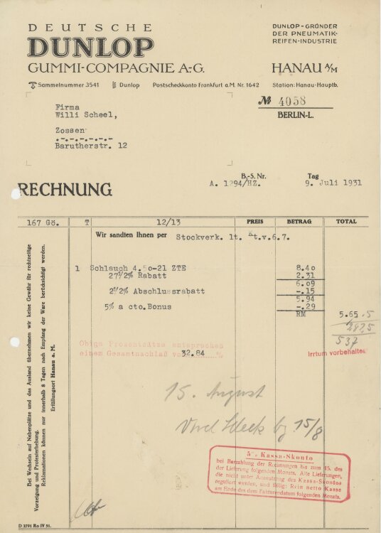 Wilhelm Scheelan Deutsche Dunlop Gummi-Compagnie AG- Rechnung - 09.07.1931