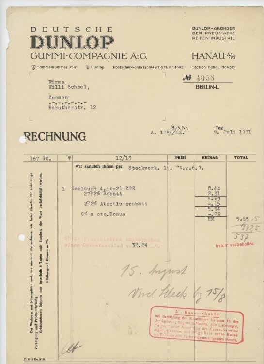 Wilhelm Scheelan Deutsche Dunlop Gummi-Compagnie AG- Rechnung - 09.07.1931