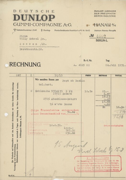 Wilhelm Scheelan Deutsche Dunlop Gummi-Compagnie AG- Rechnung - 24.07.1931