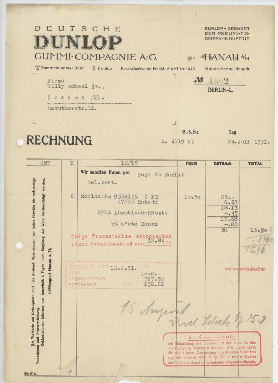 Wilhelm Scheelan Deutsche Dunlop Gummi-Compagnie AG- Rechnung - 24.07.1931