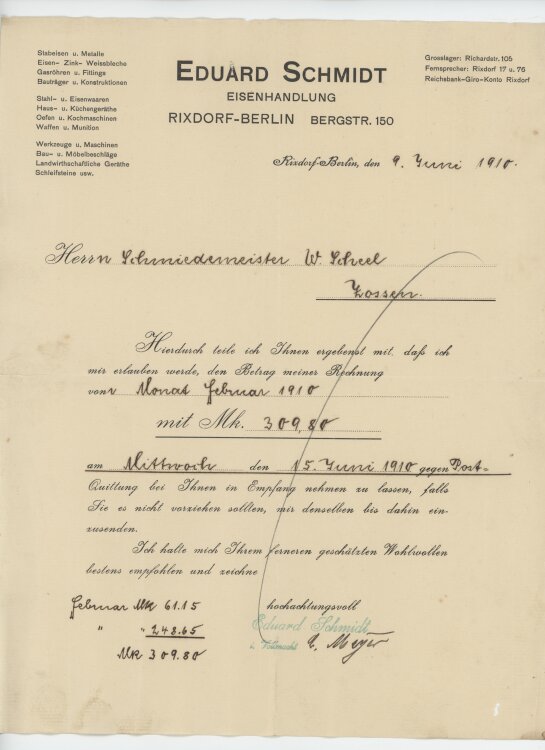 Wilhelm Scheel, Schmiedemeisteran Eduard Schmidt, Eisenhandlung- Rechnung - 09.06.1910