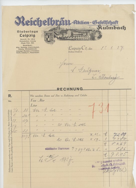 C. Grützneran Reichelbräu AG Niederlage Leipzig- Rechnung - 31.03.1937