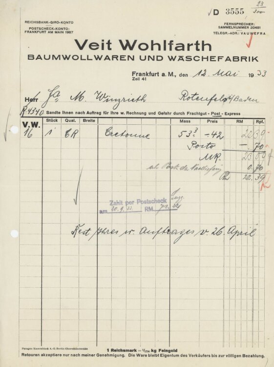 Firma M. Winzrieth (Kaufhaus)an Veit Wohlfahrt,...