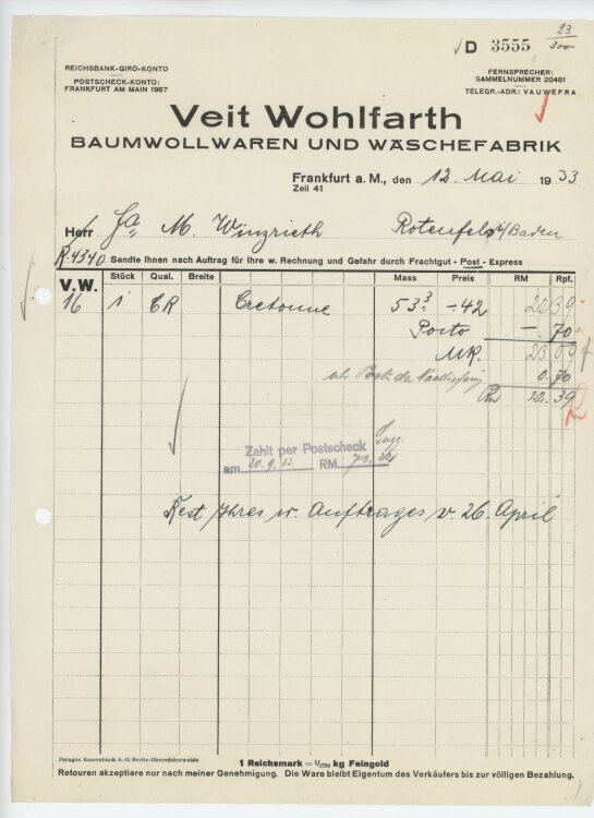 Firma M. Winzrieth (Kaufhaus)an Veit Wohlfahrt, Baumwollwaren und Wäschefabrik- Rechnung - 12.05.1933