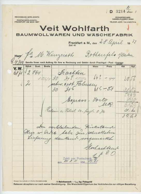 Firma M. Winzrieth (Kaufhaus)an Veit Wohlfahrt, Baumwollwaren und Wäschefabrik- Rechnung - 28.04.1933