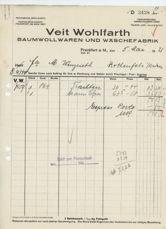 Firma M. Winzrieth (Kaufhaus)an Veit Wohlfahrt, Baumwollwaren und Wäschefabrik- Rechnung - 05.05.1933