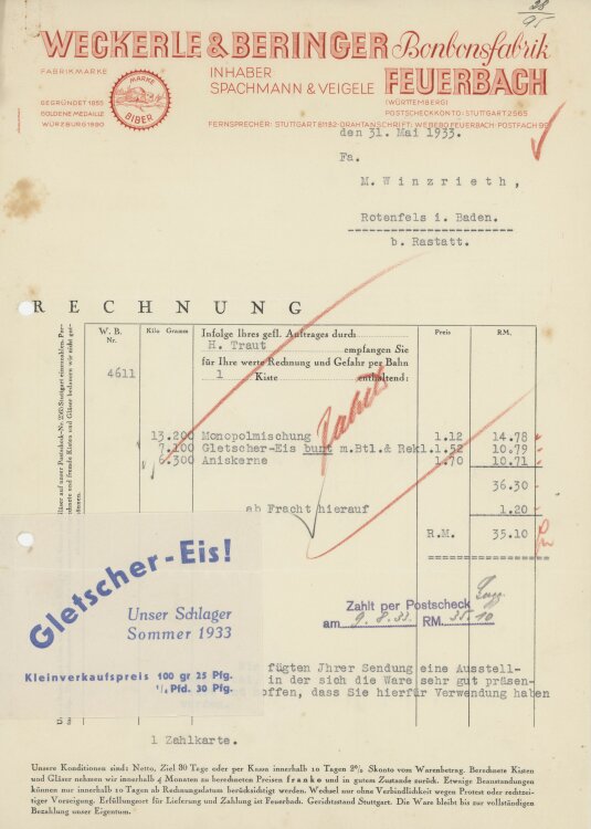 Firma M. Winzrieth (Kaufhaus)an Weckerle & Beringer- Rechnung - 31.05.1933