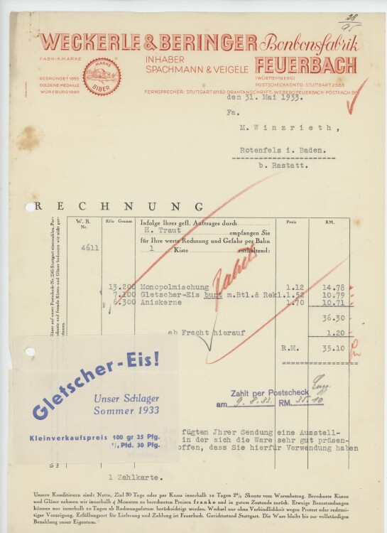 Firma M. Winzrieth (Kaufhaus)an Weckerle & Beringer- Rechnung - 31.05.1933