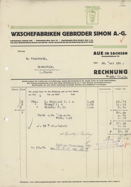 Firma M. Winzrieth (Kaufhaus)an Wäschefabriken Gebrüder Simon AG- Rechnung - 28.06.193?