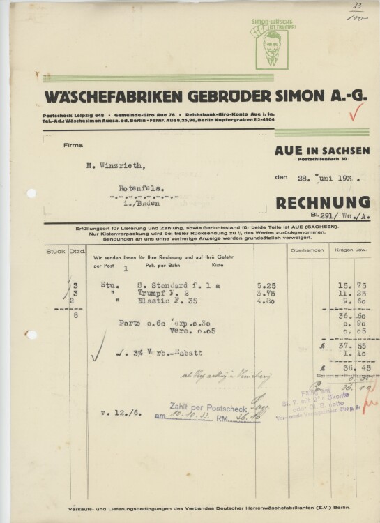Firma M. Winzrieth (Kaufhaus)an Wäschefabriken Gebrüder Simon AG- Rechnung - 28.06.193?