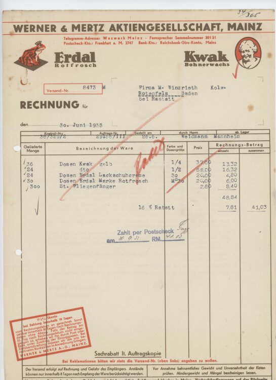 Firma M. Winzrieth (Kaufhaus)an Werner & Mertz AG- Rechnung - 30.06.1933