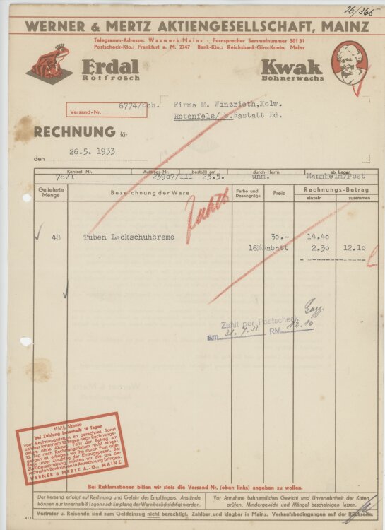 Firma M. Winzrieth (Kaufhaus)an Werner & Mertz AG- Rechnung - 26.05.1933