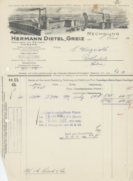 Firma M. Winzrieth (Kaufhaus)an Hermann Dietel- Rechnung - 08.06.1933