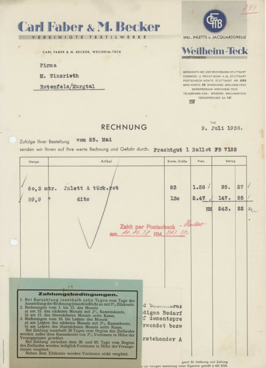 Firma M. Winzrieth (Kaufhaus)an Carl Faber & M. Becker- Rechnung - 09.07.1938