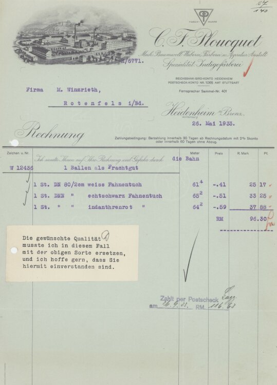 Firma M. Winzrieth (Kaufhaus)an C. F. Ploucquet- Rechnung...