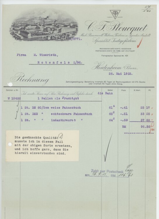 Firma M. Winzrieth (Kaufhaus)an C. F. Ploucquet- Rechnung - 26.05.1933