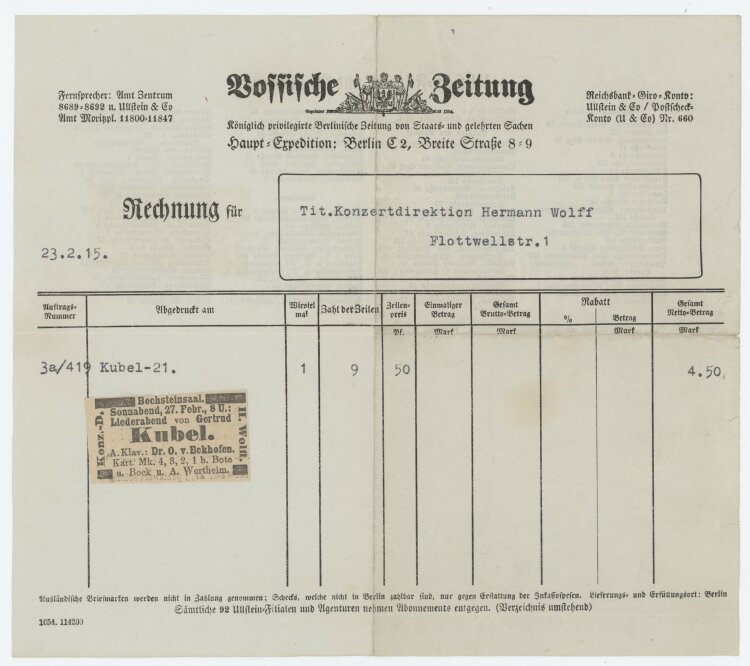 Hermann Wolff, Konzertdirektionan Vossische Zeitung- Rechnung - 23.02.1915