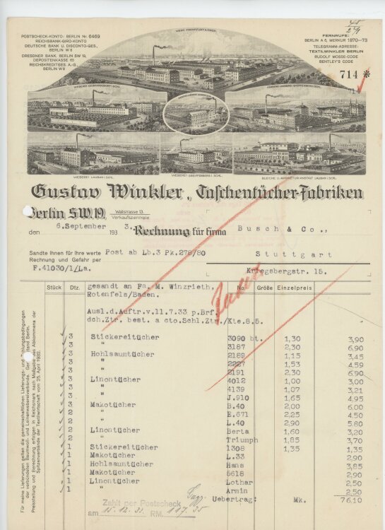 Busch & Coan Gustav Winkler Taschentücher-Fabriken- Rechnung - 06.09.1933