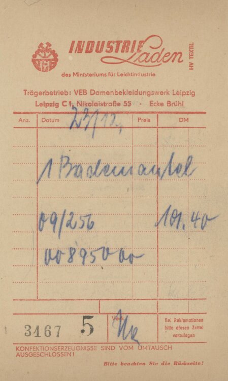 unbekanntan Industrieladen, EB Damenbekleidungswerk- Rechnung - um 1960