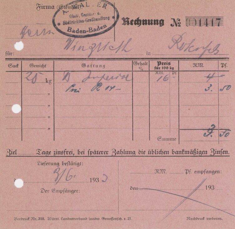 Firma M. Winzrieth (Kaufhaus)an A. Walter Südfrüchte-Großhandlung- Rechnung - 03.06.1933