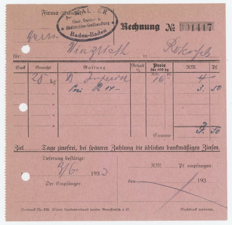 Firma M. Winzrieth (Kaufhaus)an A. Walter Südfrüchte-Großhandlung- Rechnung - 03.06.1933