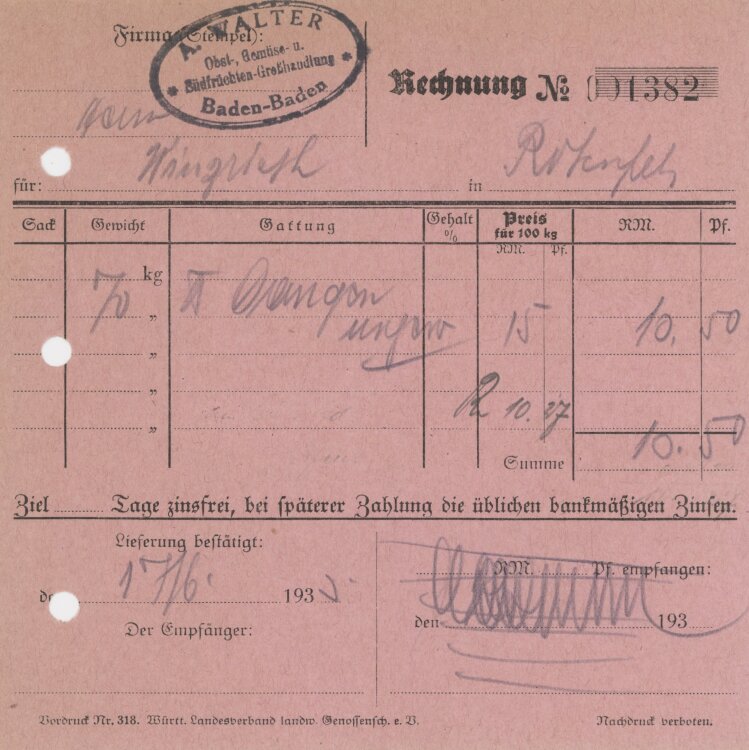 Firma M. Winzrieth (Kaufhaus)an A. Walter Südfrüchte-Großhandlung- Rechnung - 17.06.1933