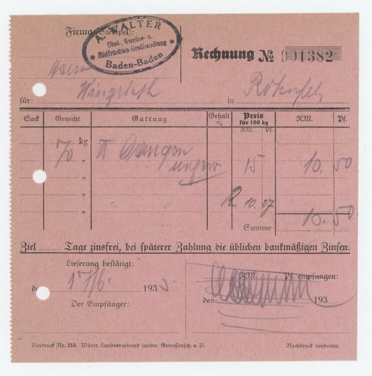 Firma M. Winzrieth (Kaufhaus)an A. Walter Südfrüchte-Großhandlung- Rechnung - 17.06.1933