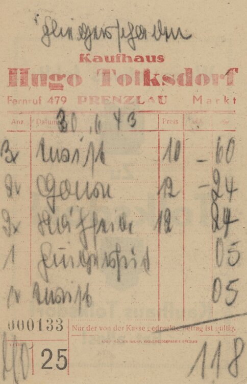 unbekanntan Kaufhaus Hugo Tolksdorf- Kassenzettel - 30.06.1943