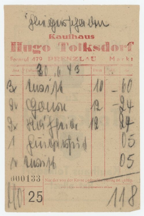unbekanntan Kaufhaus Hugo Tolksdorf- Kassenzettel - 30.06.1943