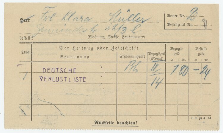 Fräulein Klara Mülleran Verlag- Kassenzettel - 19.09.1914