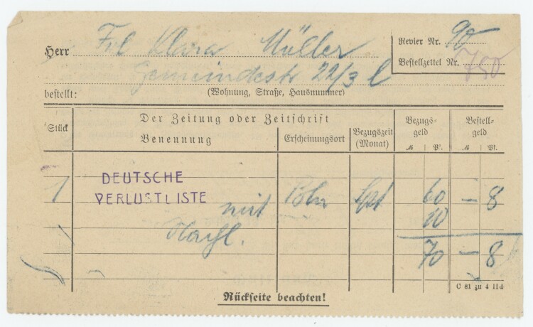 Fräulein Klara Mülleran Verlag- Kassenzettel - 12.09.1914