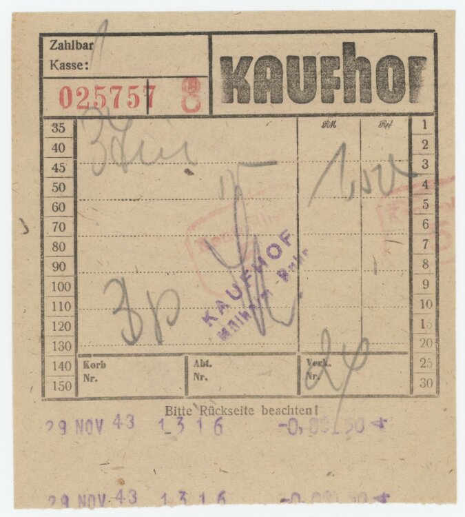 unbekanntan Kaufhof- Kassenbeleg - 29.11.1943