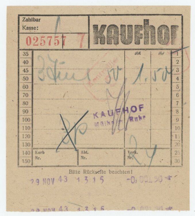unbekanntan Kaufhof- Kassenbeleg - 29.11.1943