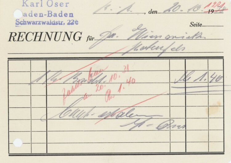 Firma M. Winzrieth (Kaufhaus)an Karl Oser- Rechnung - 20.10.1938