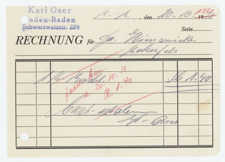 Firma M. Winzrieth (Kaufhaus)an Karl Oser- Rechnung - 20.10.1938