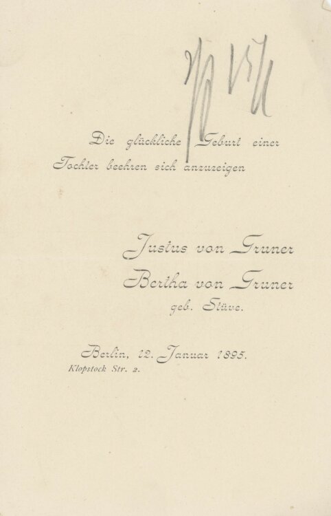Justus und Berta von Gruner - Geburtsanzeige - 12.01.1895