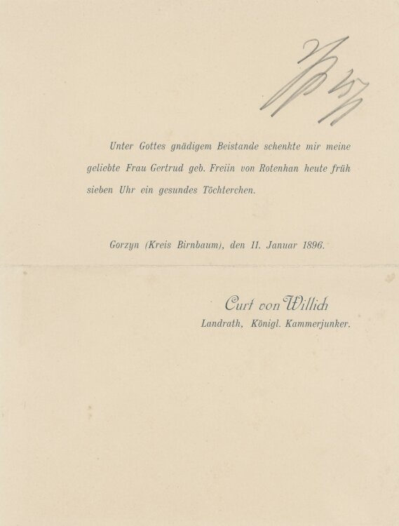 Curt und Gertrud (geborene von Rotenhahn) von Willich - Geburtsanzeige - 12.01.1895