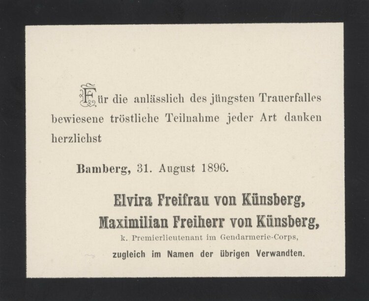 Elvira Freifrau von Künsberg und Maximilian Freiherr von Künsberg. - Danksagung - 31.08.1896