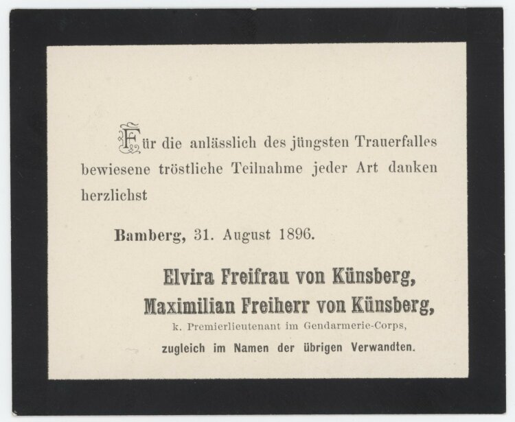 Elvira Freifrau von Künsberg und Maximilian Freiherr von Künsberg. - Danksagung - 31.08.1896