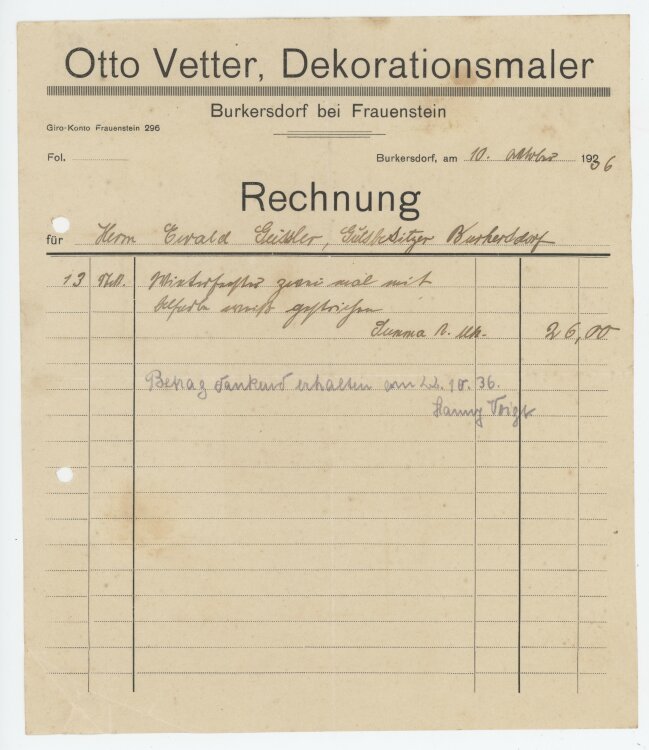 Ewald Geißler, Gutsbesitzeran Otto Vetter, Dekorationsmaler- Rechnung - 10.10.1936
