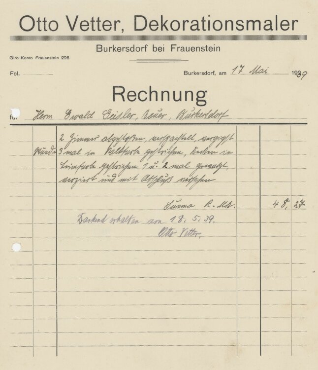 Ewald Geißler, Gutsbesitzeran Otto Vetter, Dekorationsmaler- Rechnung - 17.05.1939