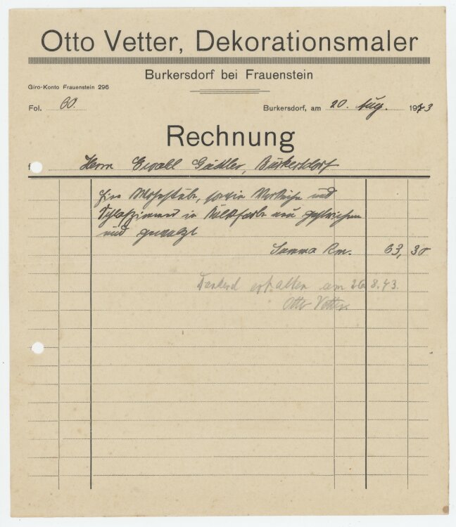 Ewald Geißler, Gutsbesitzeran Otto Vetter, Dekorationsmaler- Rechnung - 17.05.1943