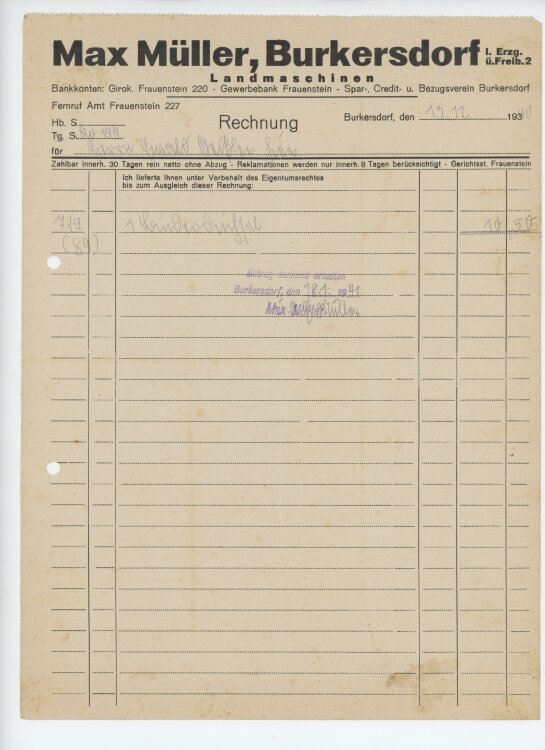 Ewald Geißler, Gutsbesitzeran Max Müller, Landmaschinen- Rechnung - 13.12.1940