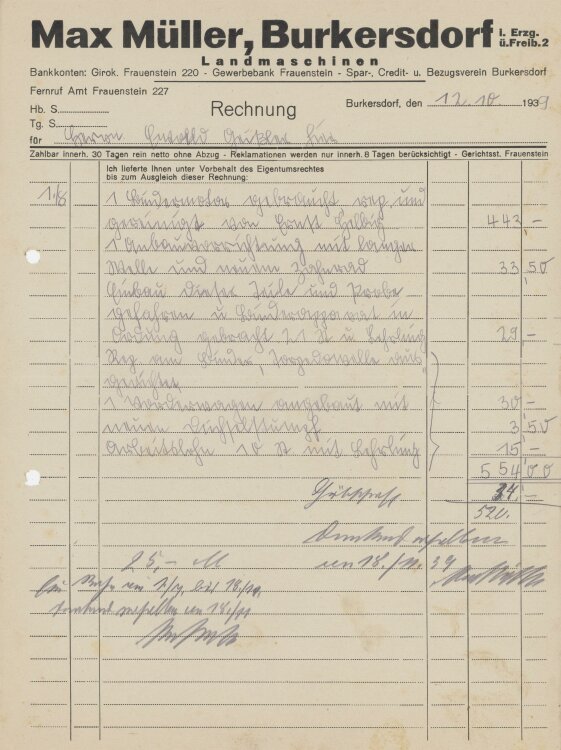 Ewald Geißler, Gutsbesitzeran Max Müller, Landmaschinen- Rechnung - 12.10.1939