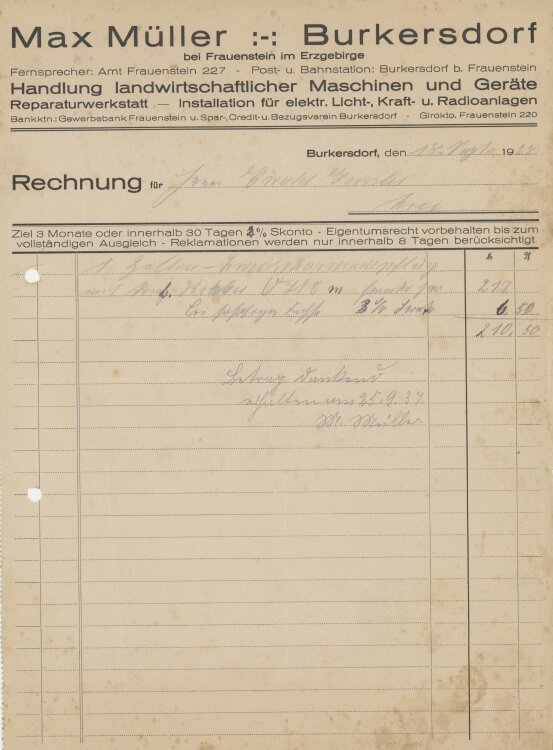 Ewald Geißler, Gutsbesitzeran Max Müller, Landmaschinen- Rechnung - 18.09.1937