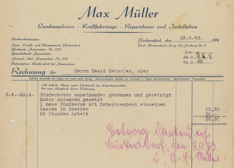 Ewald Geißler, Gutsbesitzeran Max Müller, Landmaschinen- Rechnung - 23.06.1943